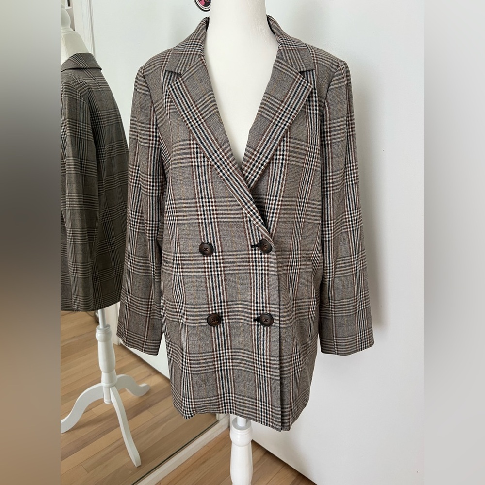 Madewell Plaid Double-Breasted Blazer in Brown and Black
